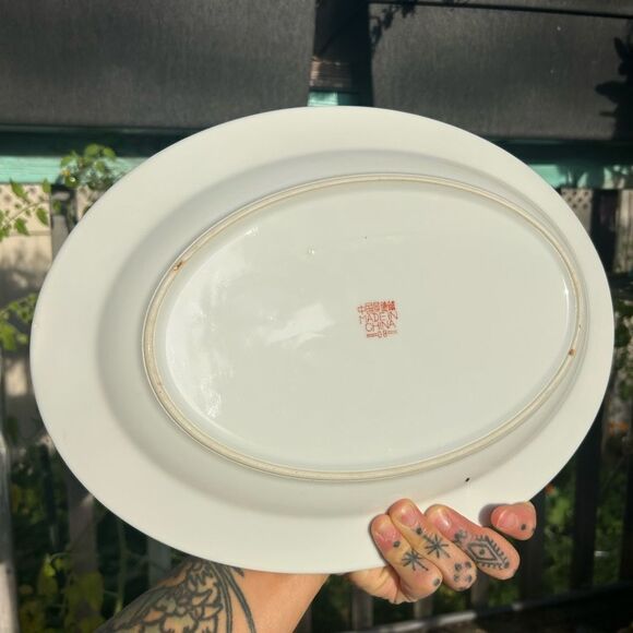 Vintage Chinese Jingdezhen Famille Rose Porcelain Turquoise Green Plate 14”x10" - Picture 15 of 16